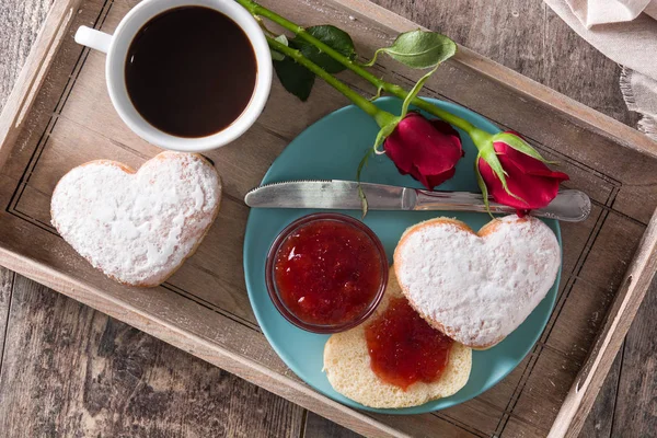 Valentine Day Breakfast Coffee Heart Shaped Bun Berry Jam Roses — Stock Photo, Image