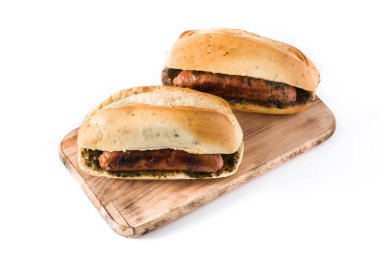 Choripan. Traditional Argentina sandwich with chorizo and chimichurri sauce. isolated on white background clipart