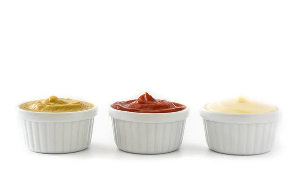 Ketchup Mustard Mayonnaise Bowls Isolated White Background — Stock Photo, Image