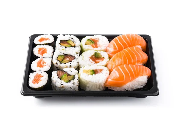 Sushi Sortiment Auf Schwarzem Tablett Isoliert Auf Weißem Hintergrund — Stockfoto