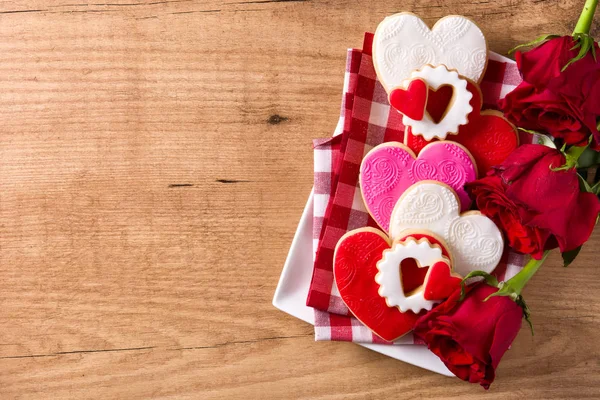 Heart Shaped Cookies Valentine Day Wooden Background Top View Copyspace — Stock Photo, Image