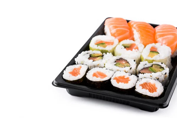 Sushi Sortiment Auf Schwarzem Tablett Isoliert Auf Weißem Hintergrund Kopierraum — Stockfoto