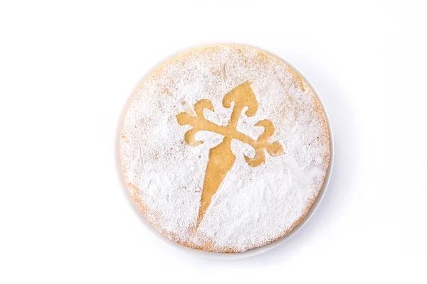 圣地亚哥塔塔传统杏仁蛋糕从圣地亚哥在西班牙 查出在白色背景 顶视图 — 图库照片