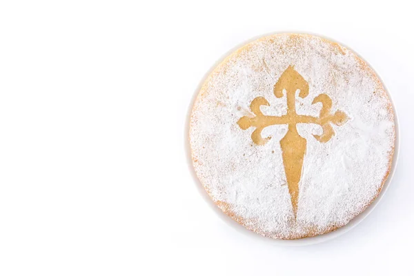 圣地亚哥塔塔传统杏仁蛋糕从圣地亚哥在西班牙 查出在白色背景 顶部视图 复制空间 — 图库照片