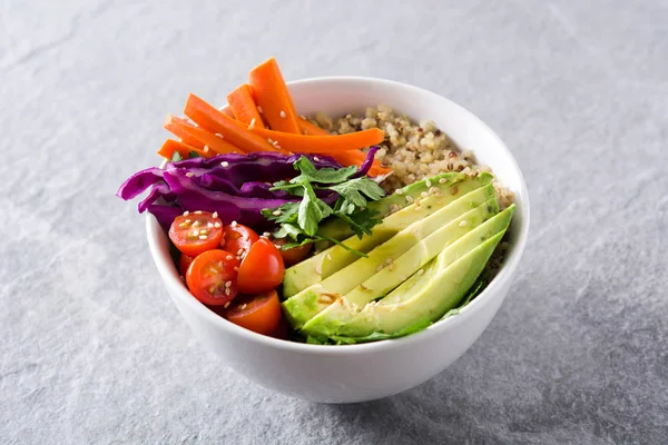 Vegan Buddha Bowl Fresh Raw Vegetables Quinoa Gray Background — Stock Photo, Image