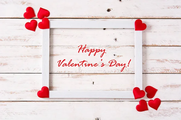 Maketa Valentýn Koncept Bílý Rámeček Zdobené Srdce Fráze Happy Valentine — Stock fotografie