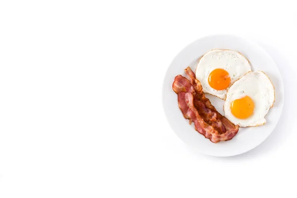 Fried Eggs Bacon Breakfast Isolated White Background Top View Copyspace — Stock Photo, Image