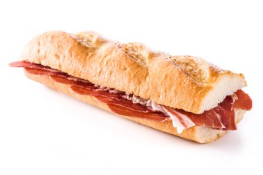 Beyaz arka plan üzerinde izole İspanyol serrano jambonlu sandviç. Yakın çekim