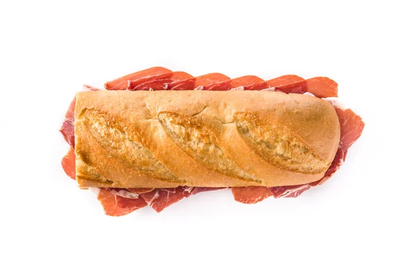 Spaanse Serrano Ham Sandwich Geïsoleerd Een Witte Achtergrond Bovenaanzicht — Stockfoto