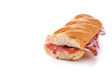 Beyaz arka plan üzerinde izole İspanyol serrano jambonlu sandviç. Boşaltmak
