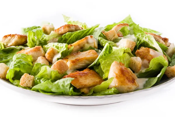 Salada Caesar Com Alface Frango Croutons Isolados Sobre Fundo Branco — Fotografia de Stock