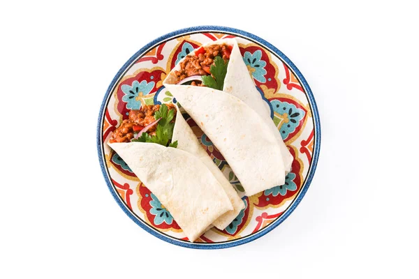 Typické Mexické Burritos Zábaly Hovězím Masem Frijoles Zeleniny Izolovaných Bílém — Stock fotografie