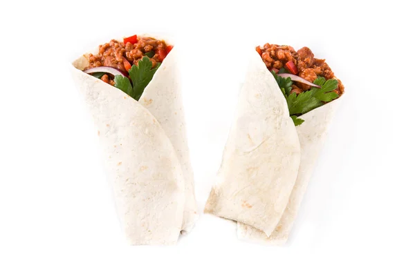 Típicos Burritos Mexicanos Envueltos Con Carne Res Frijoles Verduras Aisladas —  Fotos de Stock