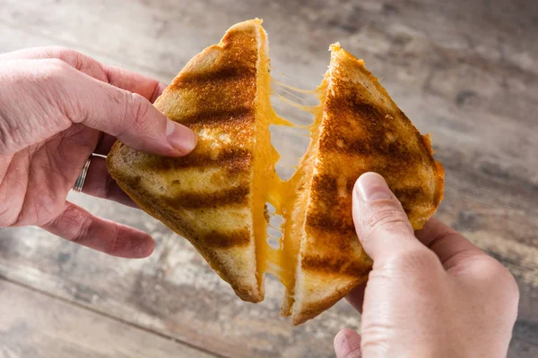 Holding Cheese Sandwich His Hands — Stock Photo, Image