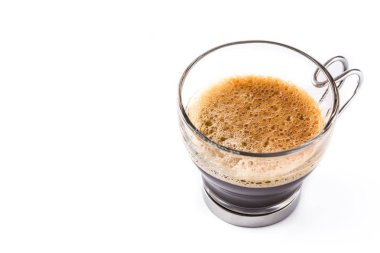 Beyaz arka plan üzerinde izole sıcak espresso kahve cam. Boşaltmak