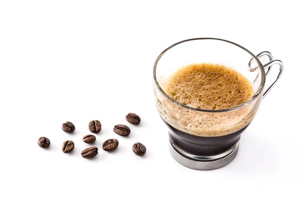 Hete Espresso Koffie Glas Geïsoleerd Een Witte Achtergrond Copyspace — Stockfoto