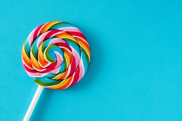 Colorful Lollipop Blue Background Top View Copyspace — Stock Photo, Image