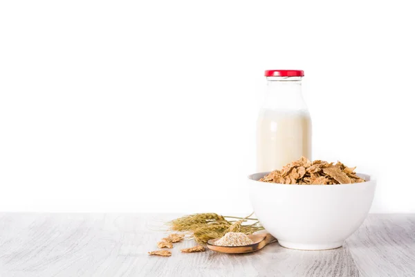 Haver Melk Granen Witte Houten Tafel Een Witte Achtergrond Copyspace — Stockfoto