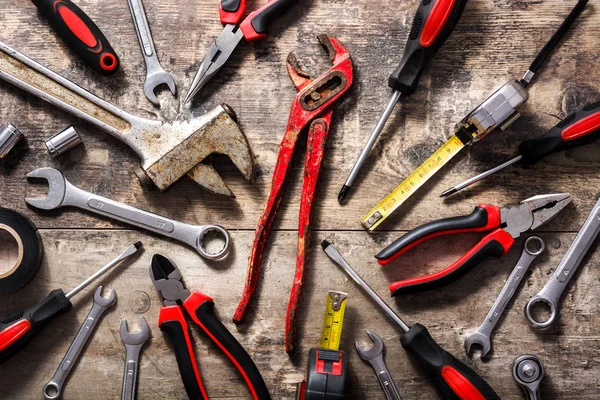 Herramientas Construcción Conjunto Reparación Sobre Fondo Madera Vista Superior — Foto de Stock