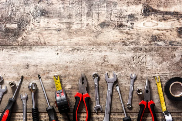 Herramientas Construcción Conjunto Reparación Sobre Fondo Madera Vista Superior Espacio — Foto de Stock