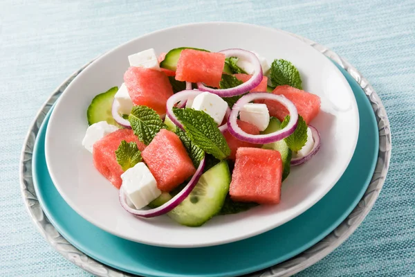 Watermelon salad with feta cheese,mint,onion and cucumber