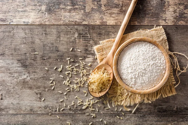 White Rice Flour Bowl Wooden Table Top View Copyspace — Stock Photo, Image