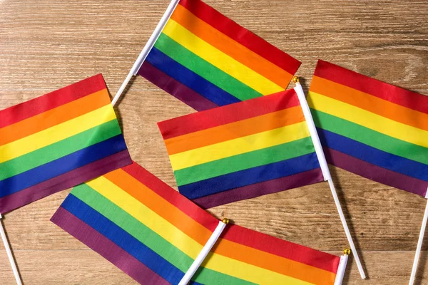 Lgtb Rainbow Flag Gay Pride Flag Wooden Table — Stock Photo, Image