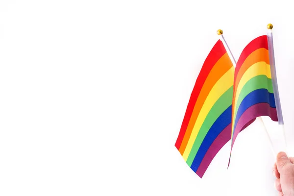 Hand Zwaaiende Gay Vlag Geïsoleerd Witte Achtergrond Copyspace — Stockfoto