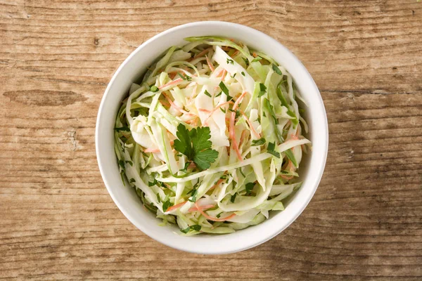 Coleslaw Salad White Bowl Wooden Table Top View — Stock Photo, Image