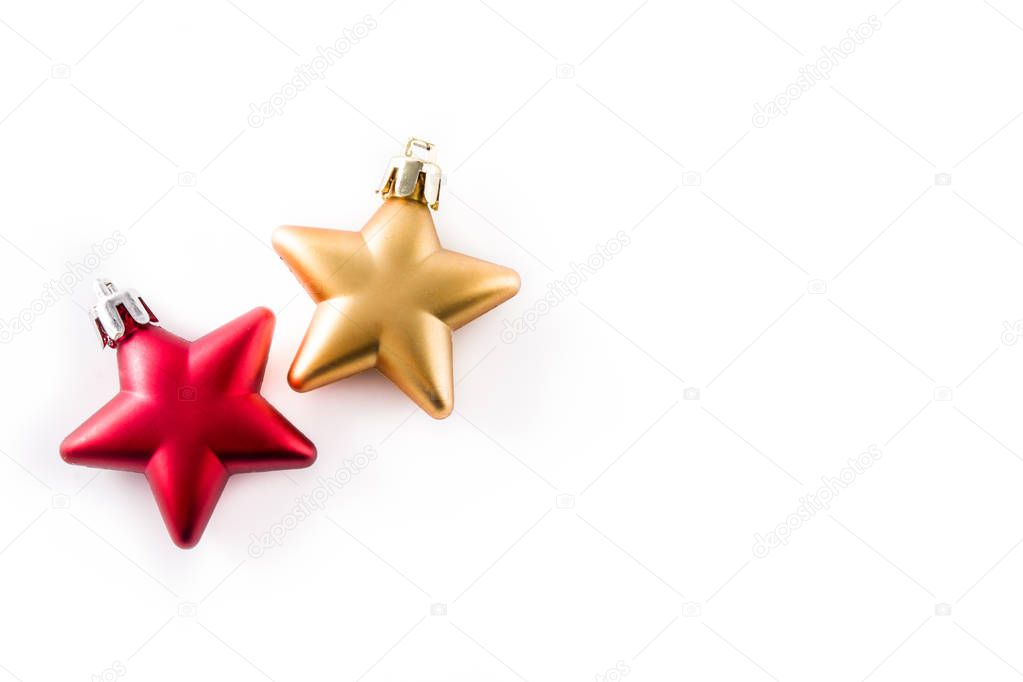 Christmas star decoration isolated on white background. Top view. Copyspace