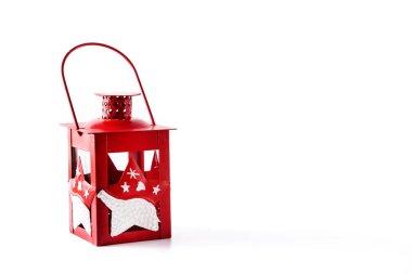 Kırmızı Noel feneri beyaz arka planda izole edilmiş. Copyspace