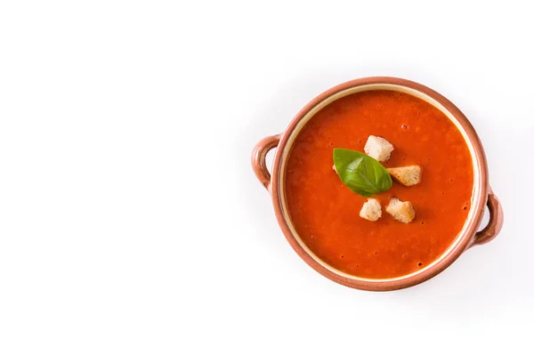 茶色のボウルのトマトスープは 白い背景に分離されています トップビュー コピースペース — ストック写真