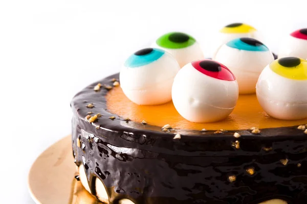 Torta Halloween Con Decorazione Occhi Caramella Isolato Sfondo Bianco — Foto Stock