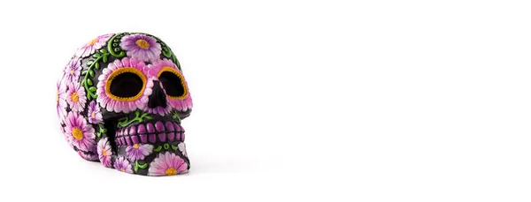 Cráneo Típico Mexicano Pintado Aislado Sobre Fondo Blanco Vista Panorámica — Foto de Stock
