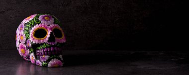 Siyah arka plan üzerine boyanmış tipik Meksika kafatası. Dia de los muertos. Panorama görünümü