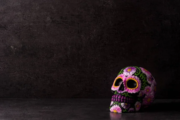 Typische Mexicaanse Schedel Geschilderd Zwarte Achtergrond Dia Los Muertos Ruimte — Stockfoto