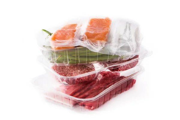 Diferentes Tipos Carne Judías Verdes Zanahorias Salmones Aislados Sobre Fondo — Foto de Stock