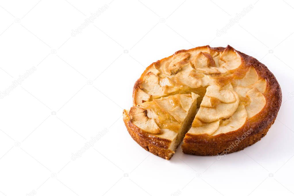 Homemade slice apple pie isolated on white background. Copy space