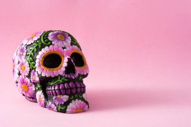 Çiçekleri pembe arka plan üzerine boyanmış tipik Meksika kafatası. Dia de los muertos. Kopyalama alanı
