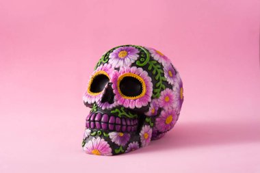 Çiçekleri pembe arka plan üzerine boyanmış tipik Meksika kafatası. Dia de los muertos. 