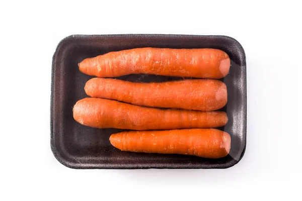 Karotten Plastikverpackung Isoliert Auf Weißem Hintergrund Ansicht Von Oben — Stockfoto