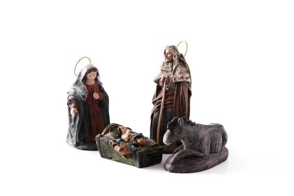 Figure Che Rappresentano Presepe Isolato Sfondo Bianco Gesù Maria Jose — Foto Stock