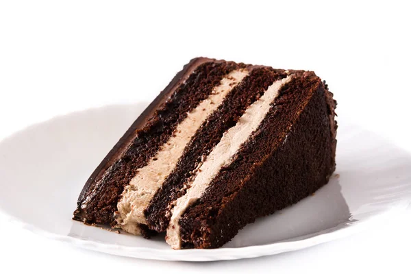 在白色背景上分离的巧克力蛋糕片 — 图库照片