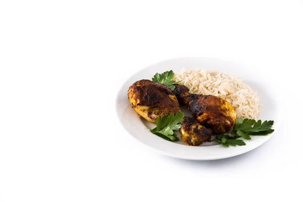 Frango Tandoori Assado Com Arroz Basmati Placa Isolada Fundo Branco — Fotografia de Stock