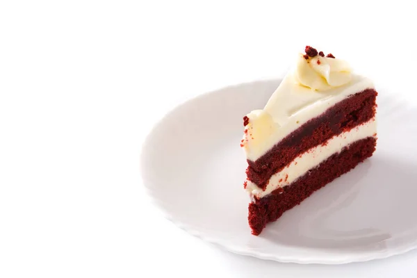 Red velvet cake slice isolated on white background. Copy space