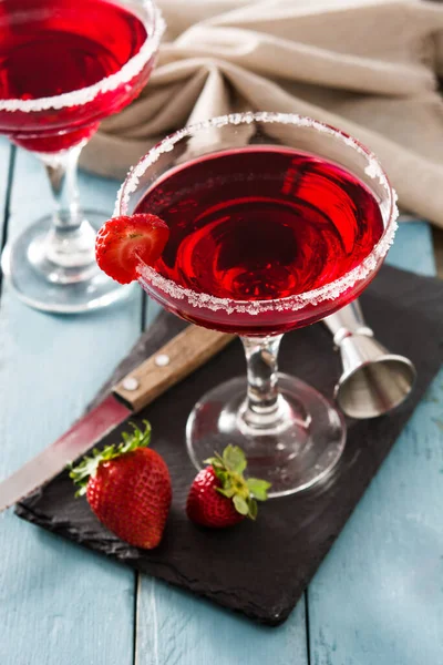 Strawberry Cocktail Drink Glass Blue Wooden Table — Stock Photo, Image