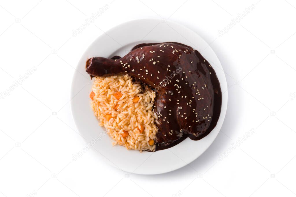 Traditional mole Poblano with rice plate top view