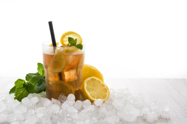 Iced Tea Drink Lemon Glass Ice White Wooden Table Copy — Stock Photo, Image