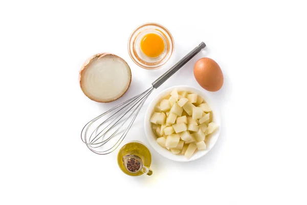 Ingredientes Tortilla Omelete Espanhola Ovos Batatas Cebola Isolados Sobre Fundo — Fotografia de Stock