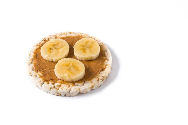 Torta Riso Soffiato Con Banana Burro Arachidi Isolato Fondo Bianco — Foto Stock